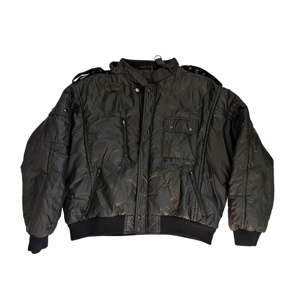 Upstream Racing Division Mens XXL Black Nylon Puffer Bomber Jacket Vintage Style